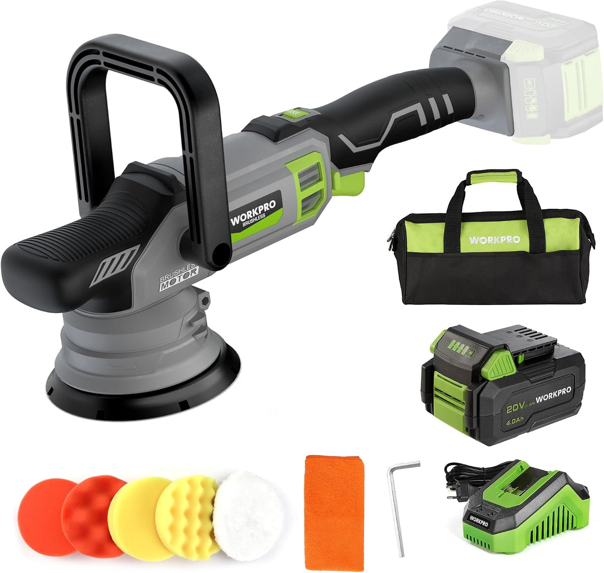 Workpro Polijstmachine 20V accu, met 7 snelheden (2000-5000 RPM), 1 x 4.0Ah accu, auto polijstmachine snoerloos, dubbele actie, met opbergtas, vloeren