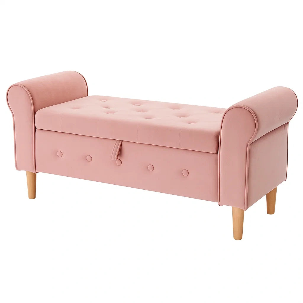 Samtbank mit Stauraum Rosa Holzbeine