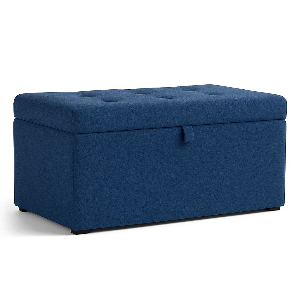 Blaue Stoff-Fußbank mit Stauraum