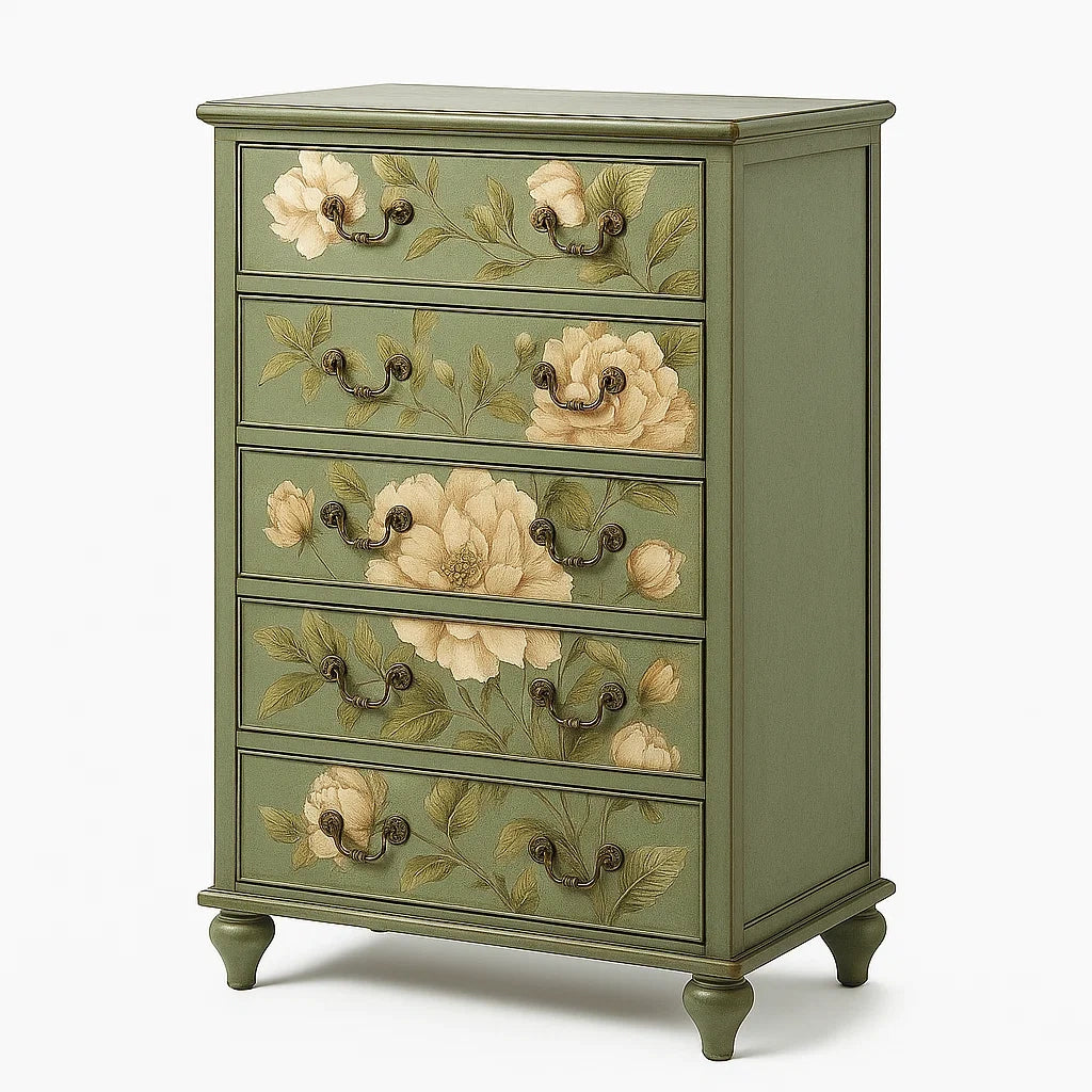 Grüne Holzkommode mit Blumenmotiven, 5 Schubladen