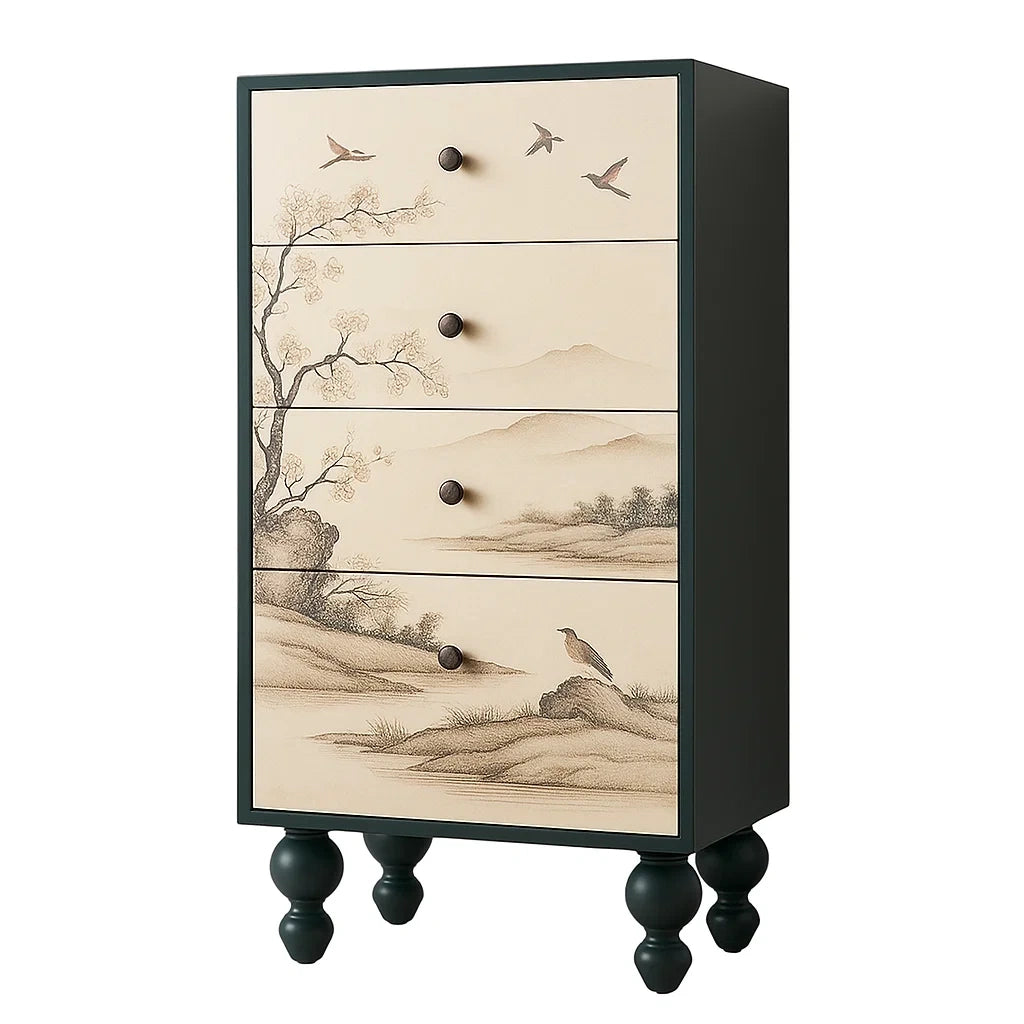Holzkommode mit Vintage-Malerei Schwarz/Beige 4 Schubladen