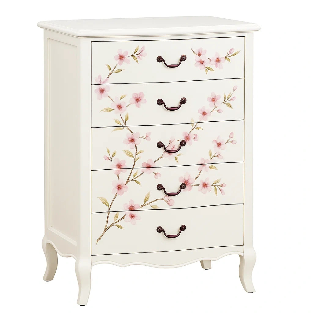 Weiße Holzkommode mit Blumenmuster und 5 Schubladen