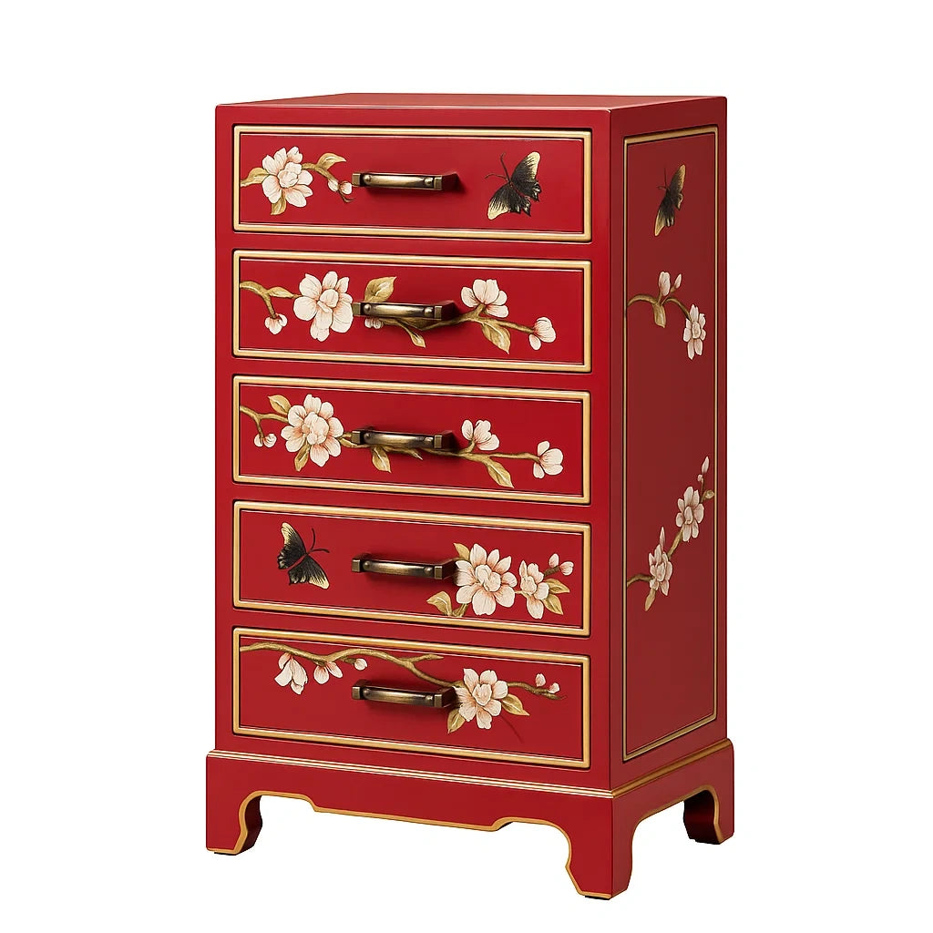 Holz Kommode Rot mit Blumen- und Schmetterlingsdesign, 5 Schubladen