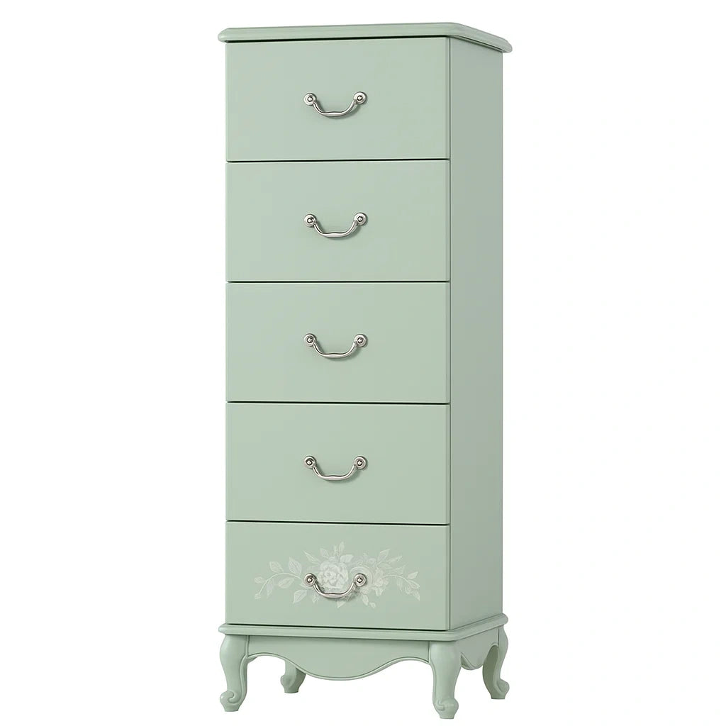 Hoher Holzschubladenschrank mit Blumenmotiv Mintgrün