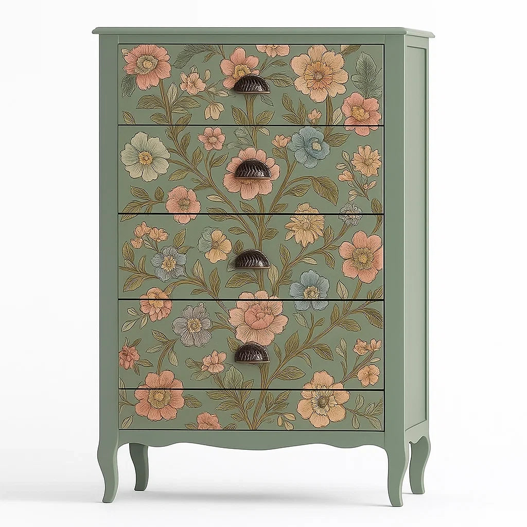 Kommode aus Holz mit Blumendekor 5 Schubladen Grün