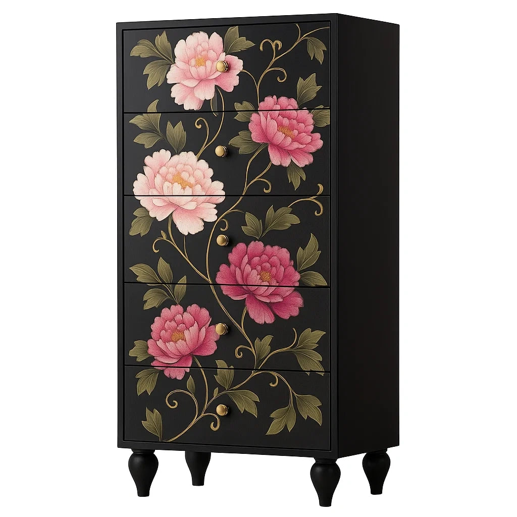 Schwarze Holzkommode mit Blumenmuster, 5 Schubladen