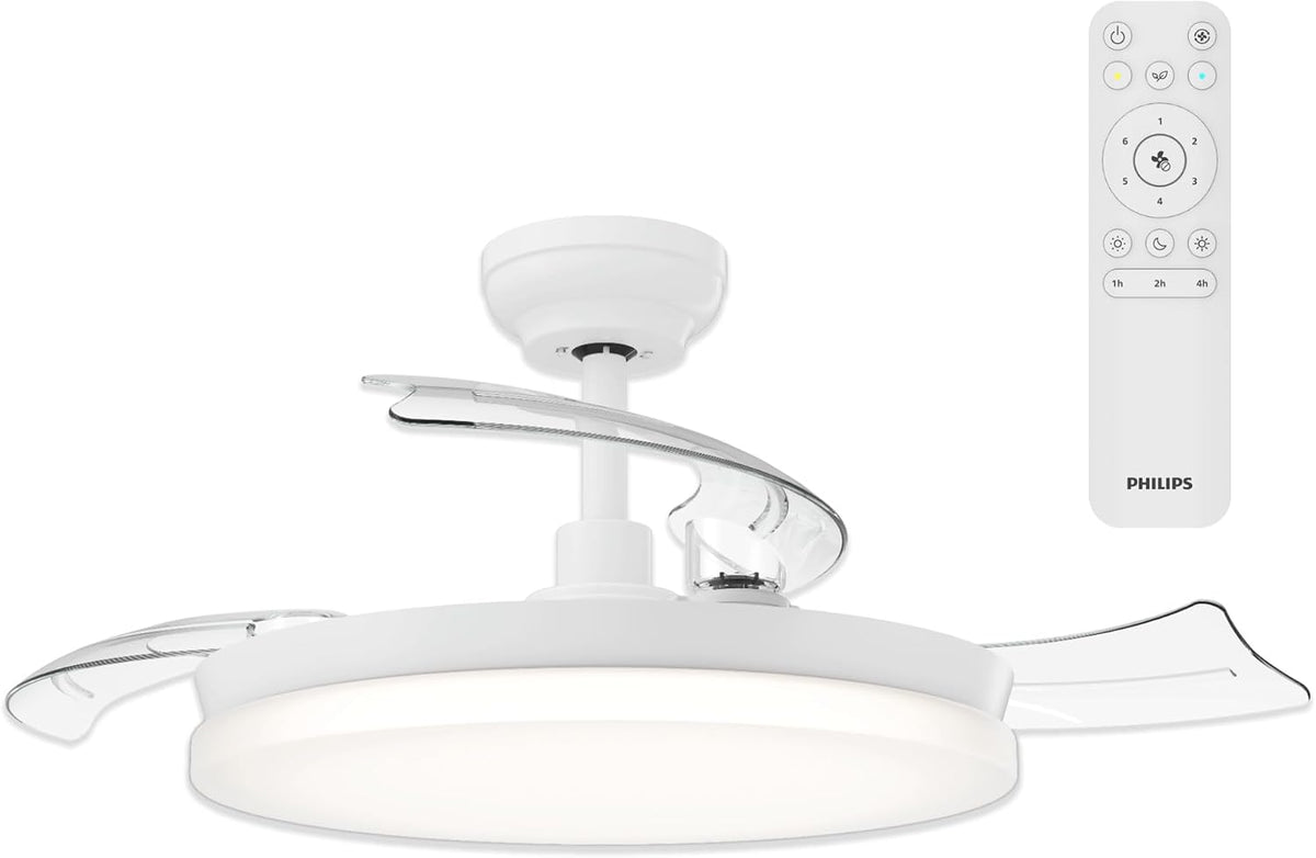 Philips Ventilator Solr Plafondventilator, 106 cm Spanwijdte, Drie Tinten Wit Licht (2700K / 4000K / 5500K), 3 Intrekbare Bladen, 4500 Lumen, Wit
