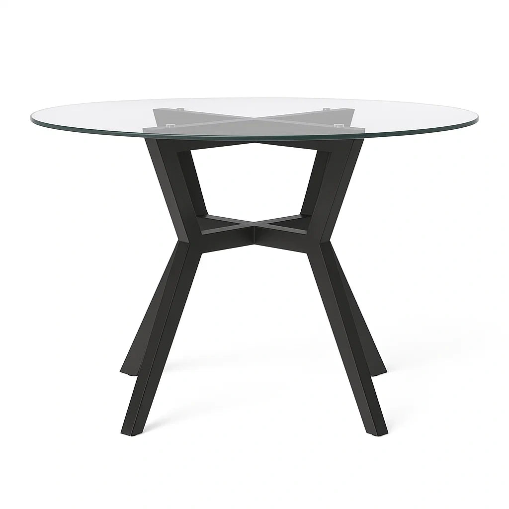 Runder Tisch aus gehärtetem Glas mit Metallgestell, 120 cm
