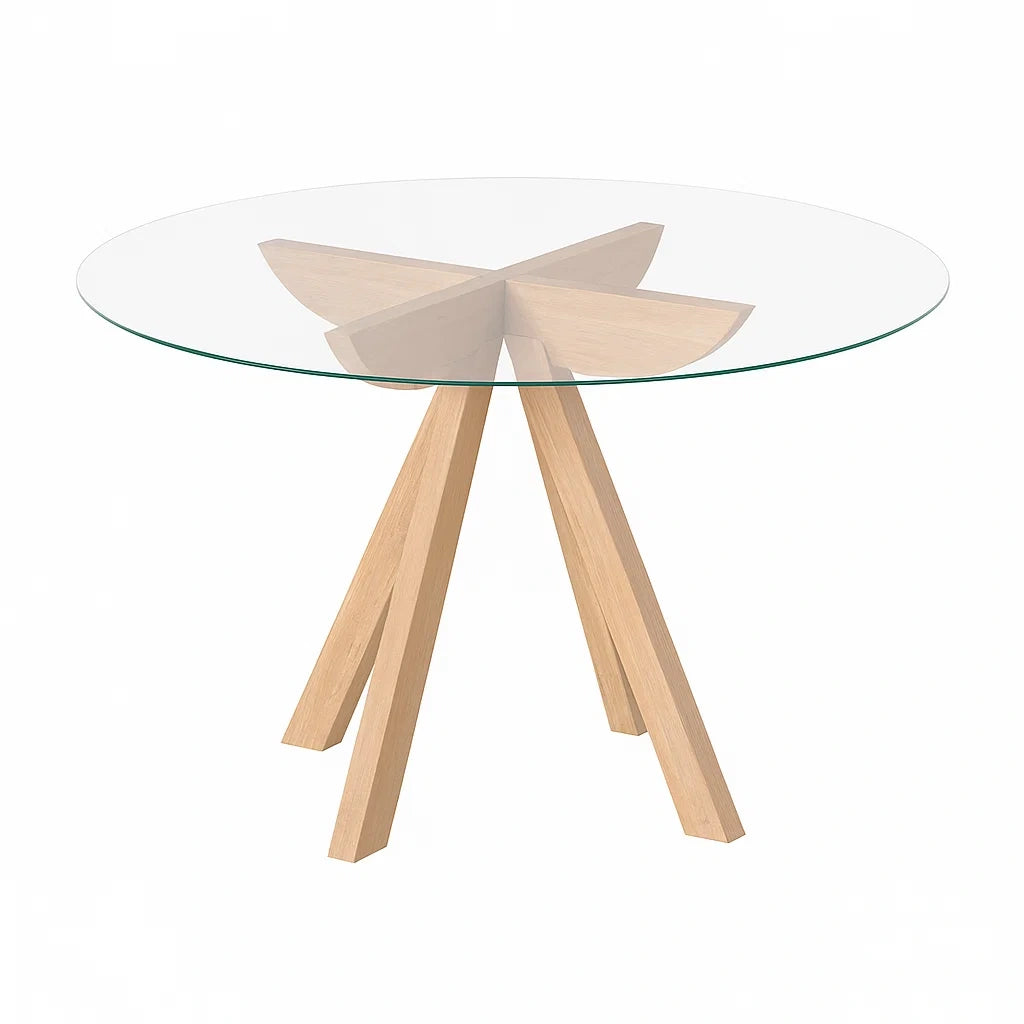 Runder Esstisch aus Glas mit Holzbeinen, 100 cm