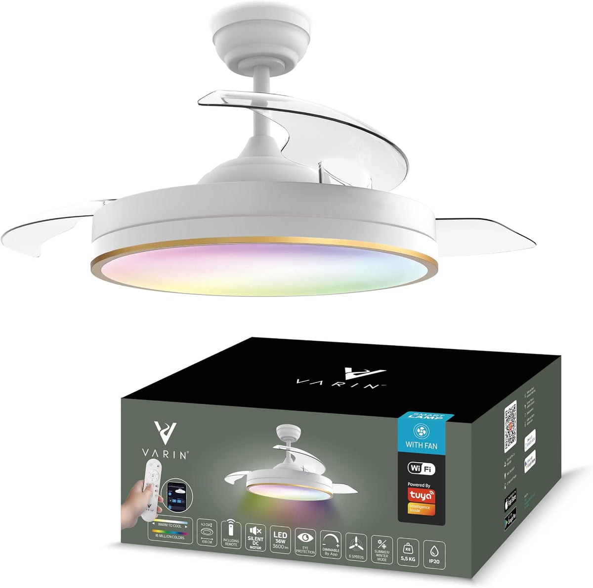 Varin Ventilator ® Slimme Plafondventilator, Ø 50/108 cm, Wit/Goud, met Verlichting