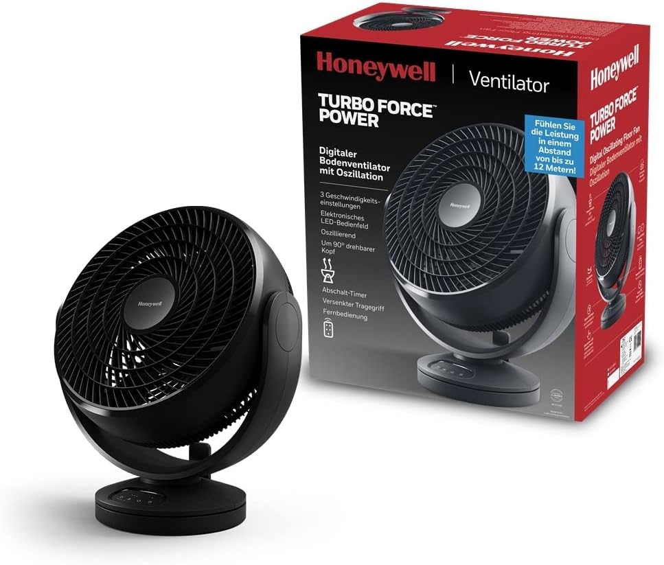 Honeywell Ventilator HF715BE Turbo Force digitale oscillerende vloerventilator, 3 snelheden en 90° wendbaar), Zwart, oor thuis of op kantoor