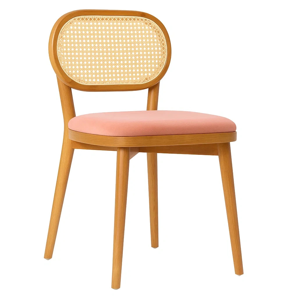 Esszimmerstuhl mit Rattanlehne und Holzrahmen, rosa Sitzfläche