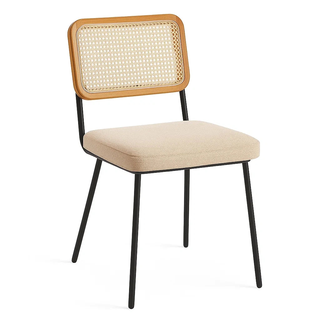 Esszimmerstuhl mit Rattangeflecht Rückenlehne Stoff Metall Beige Schwarz