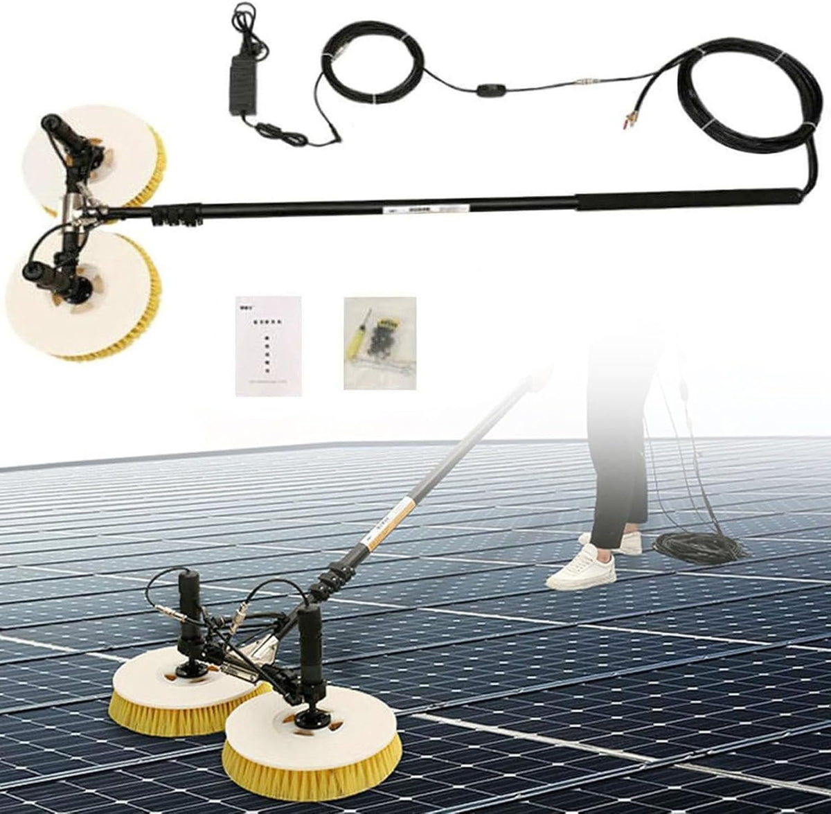 Sxykxydl Raamreiniger Reiniging van elektrische zonnepanelen (dubbele kop), 5,5 m, reinigingsborstel, voor zonnepanelen (uitschuifbaar), gereedschap