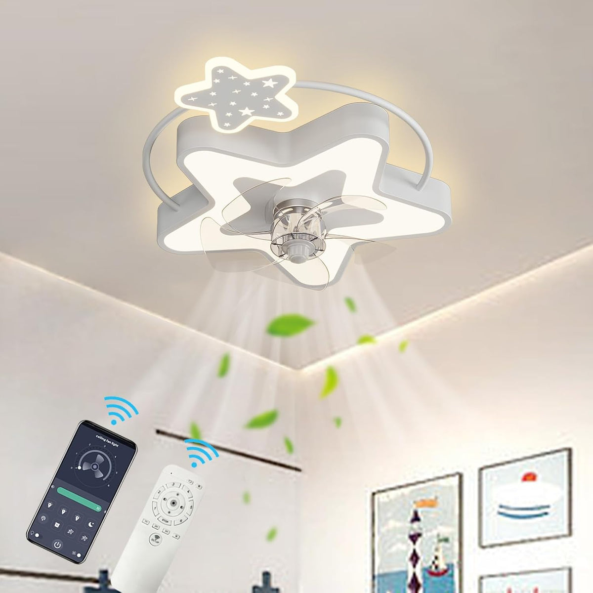 Ateez Ventilator Kinder Plafondventilator, LED Ventilator Lamp Plafond Stil 6 Snelheid Omkeerbare Winter Zomer, voor Slaapkamer-wit, met Licht