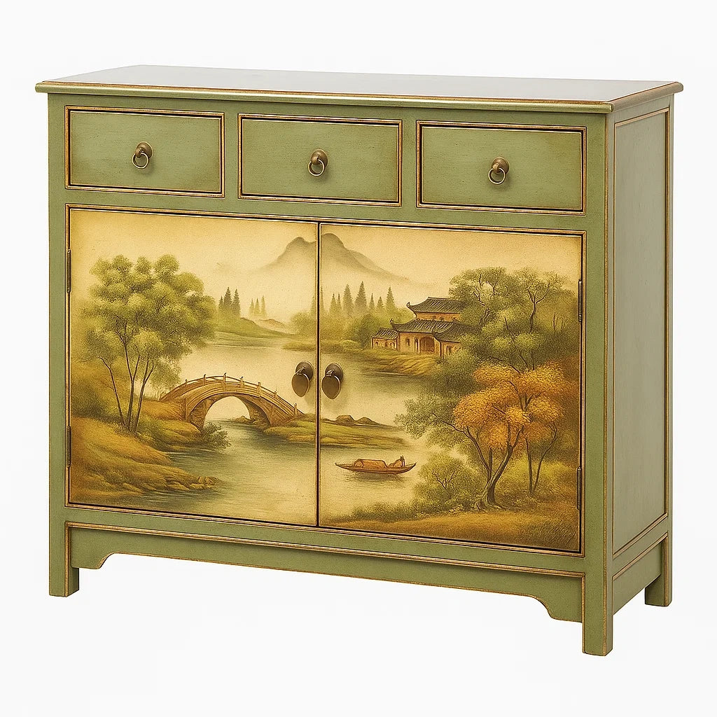 Grüne Holzkommode mit Schubladen und handbemalter Tür, 80x35x85 cm