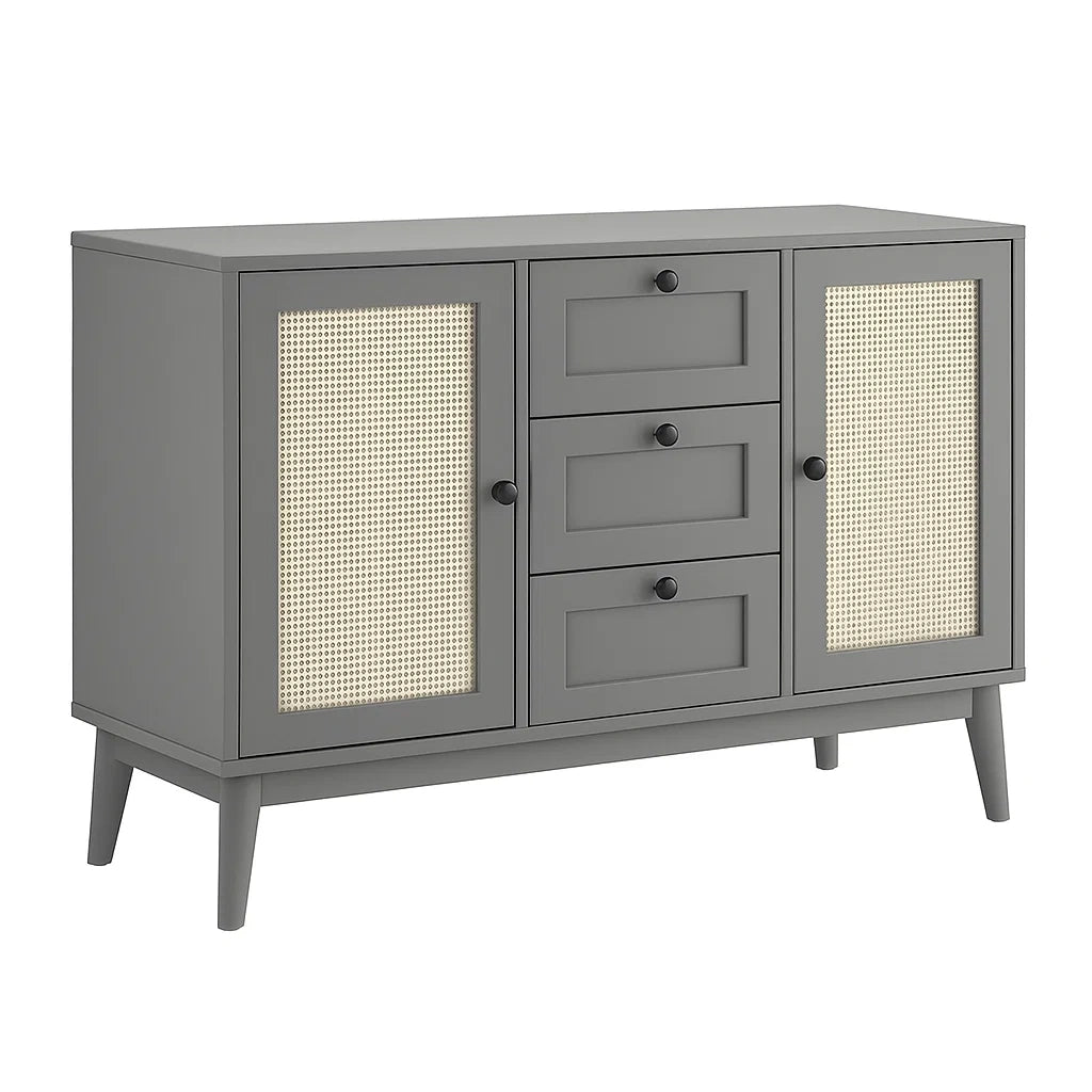 Sideboard Grau Holz mit Rattan-Einsätzen 120x40x80 cm