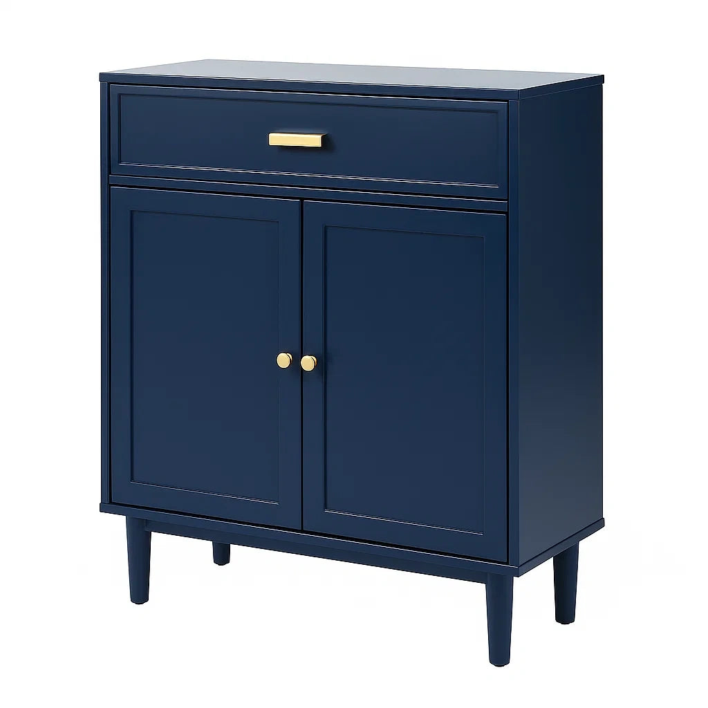 Blaue Holzkommode mit Schublade und Türen