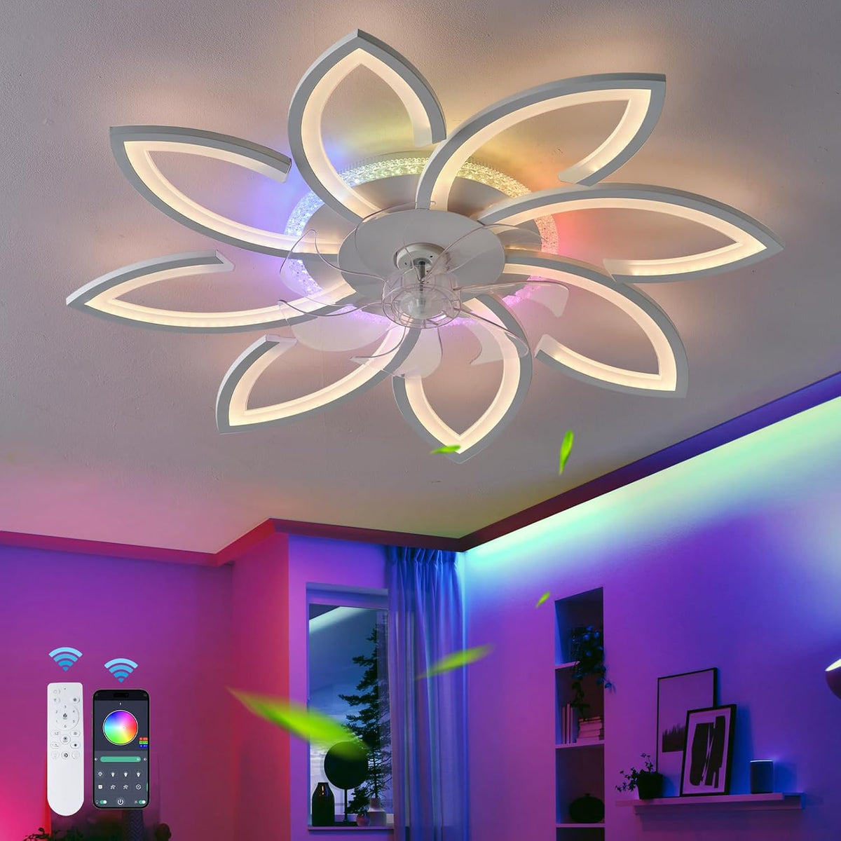 Qingying Ventilator Bloemenplafondventilatoren, omkeerbare 6 snelheden dimbare ventilatorverlichting plafond, met lampen en afstandsbediening, voor
