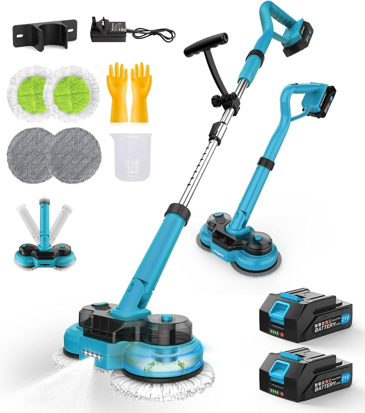 Polijstmachine Yospinber Elektrische dweil, met 2 x 2000 mAh accu's, 300 ml watertank, vloerreiniger Spin Mop, vloerwisser, elektrische draadloos
