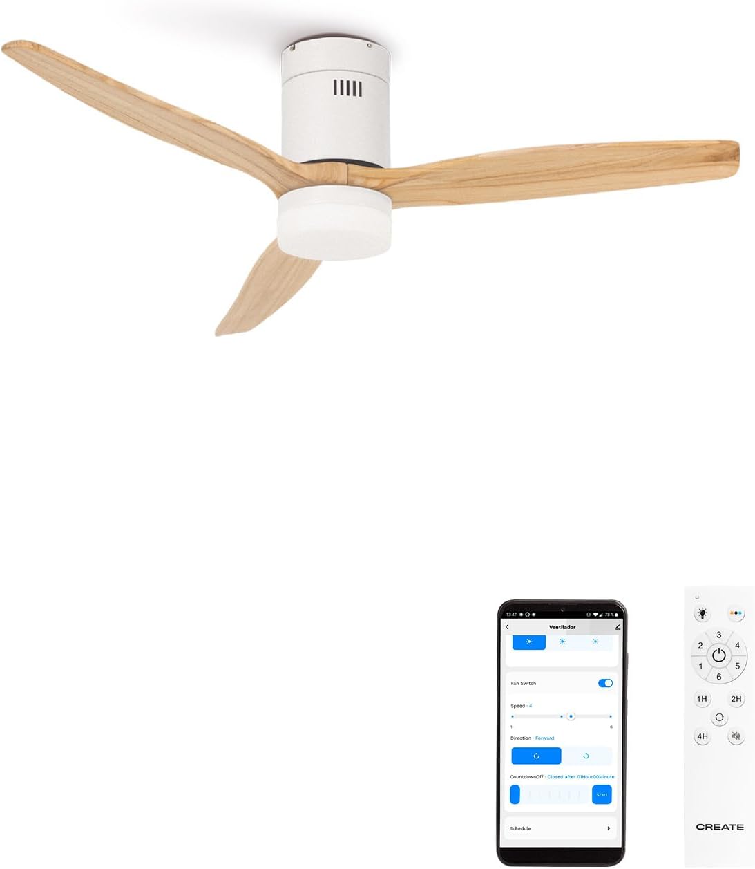 Create Ventilator /Windcalm DC/Plafondventilator, timer, met WIFI, met licht DC-motor witte natuurlijke houten messen/Stil