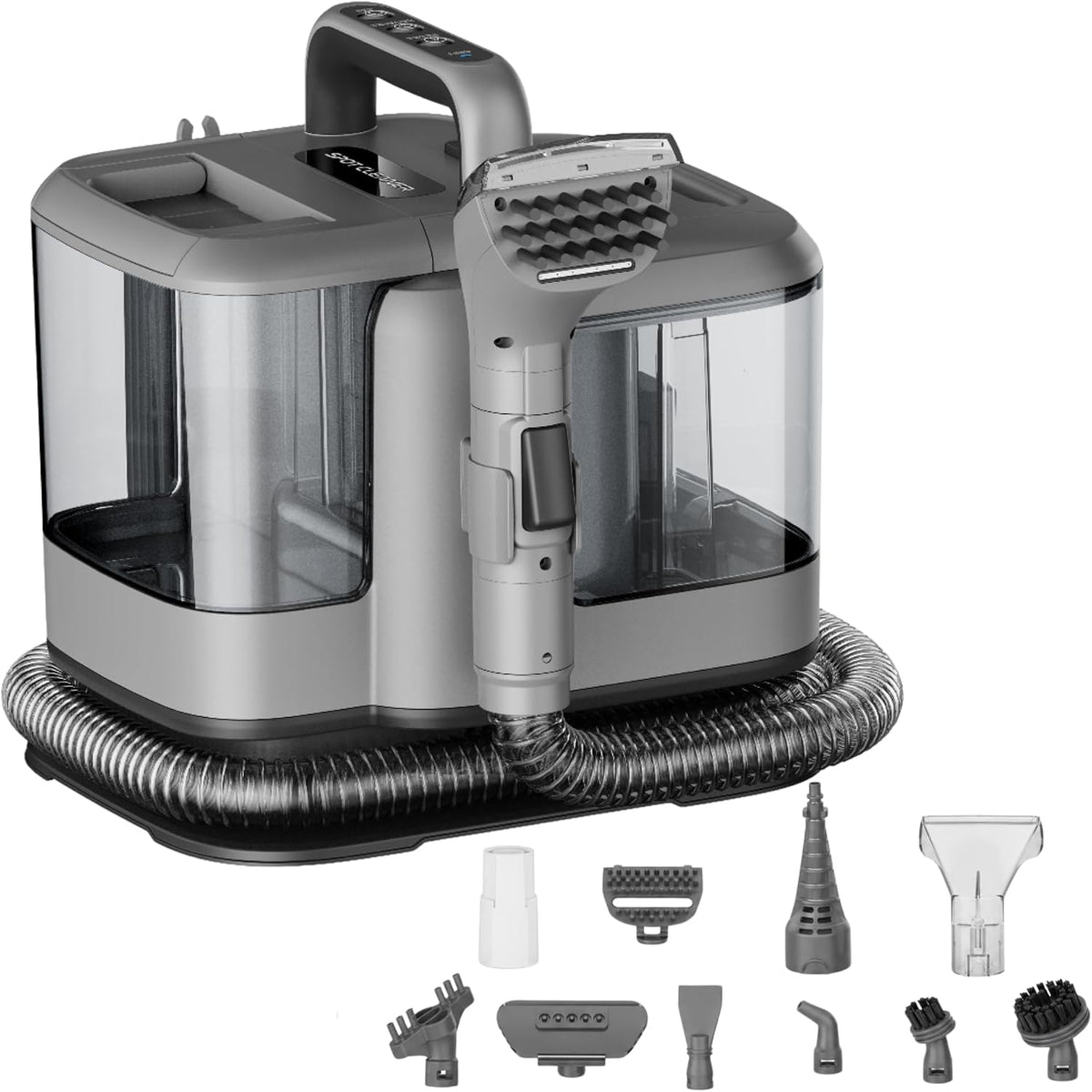 Stoomreiniger Powell Shampoomachine, 1800 W, dubbele tank 2 l, grijs, stoomreiniger en stofzuiger, voor bank, stof, tapijt en matras, injector