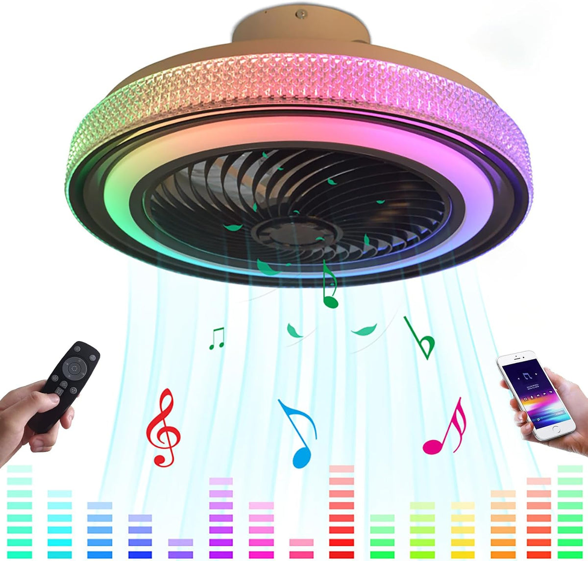 KZT Ventilator Stille LED plafondlamp, met afstandsbediening Dimbare RGB muziek plafondventilator, voor slaapkamer Kids Room Lamp