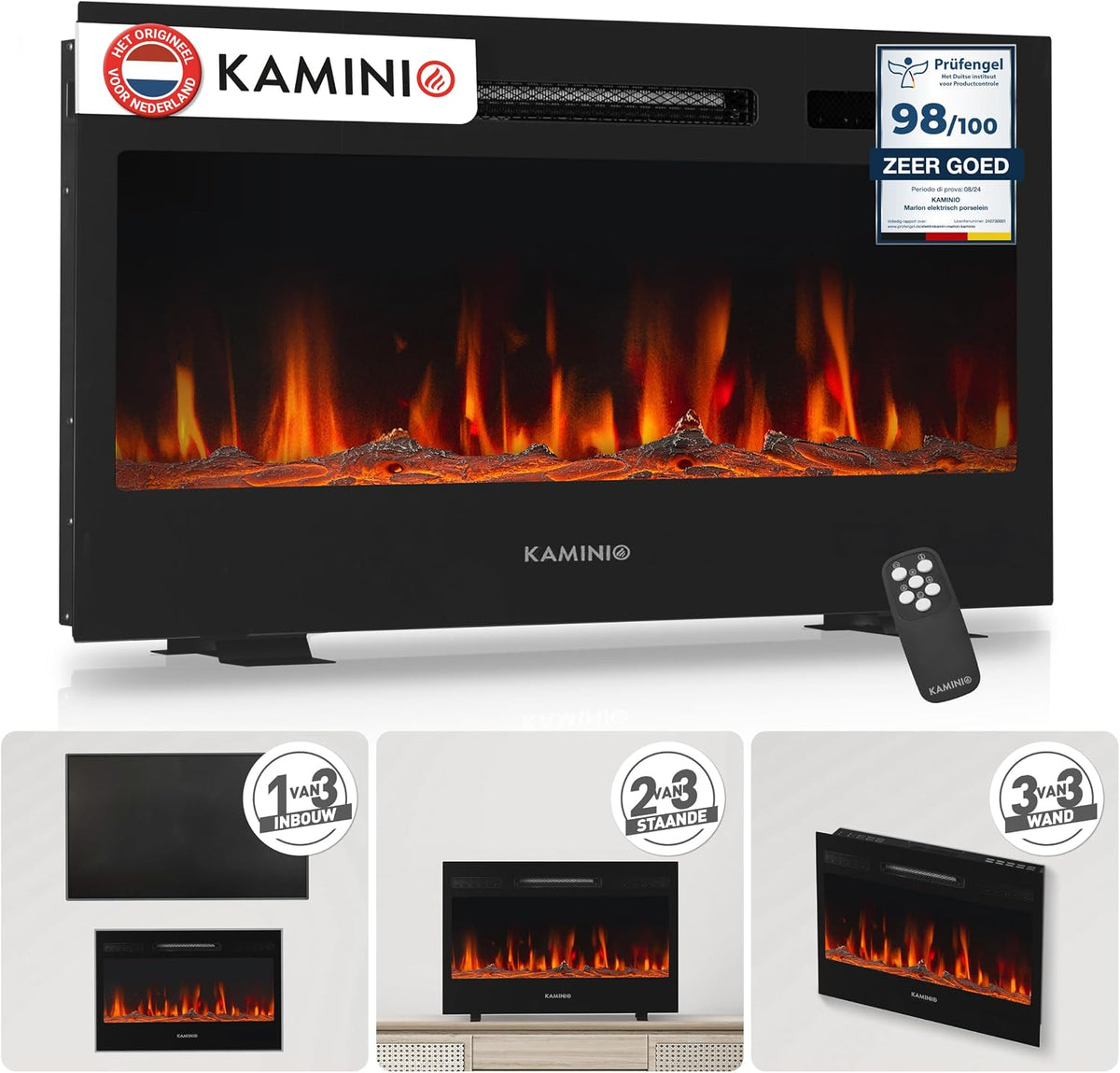 Elektrische haard Kaminio Marlon 3-in-1 open, afstandsbediening (76 cm), 3D-vlameffect, 12 vlamkleuren, met verwarming