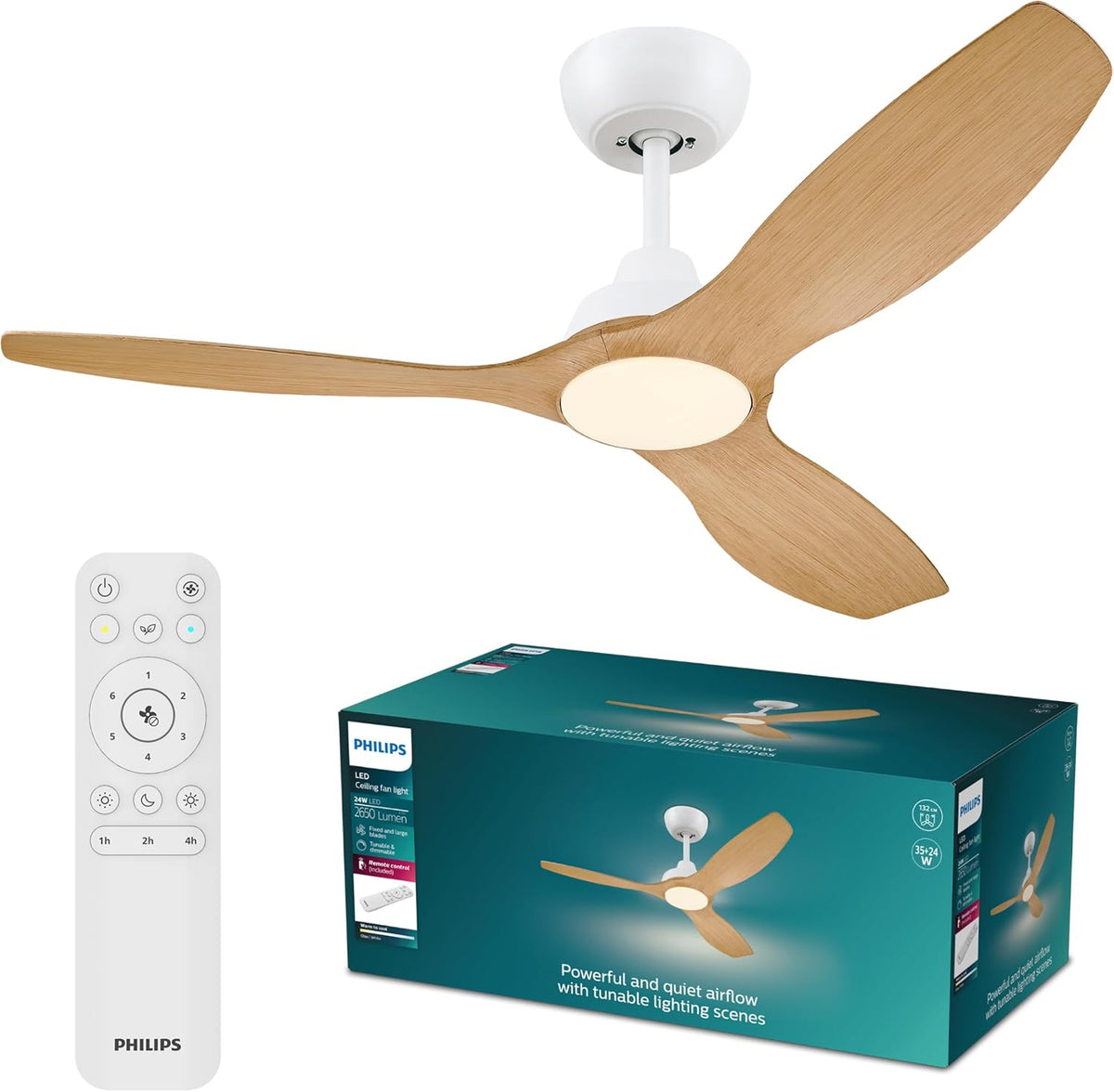 Philips Ventilator Olas Plafondventilator, diameter 132 cm, instelbaar wit licht van 3000 K tot 6500 K, 3 bladen, 2650 Lumen, dimbaar tot 5%, wit/hout