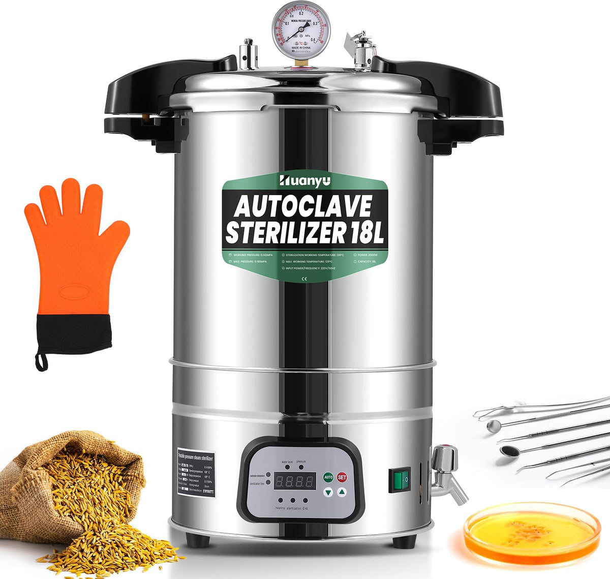 Huanyu Autoclav 18L Autoclaaf Sterilisator Automatische Stoom Autoclaaf, Stoomsterilisator