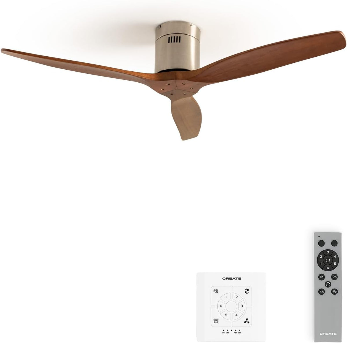 Create Ventilator Windcalm M/plafondventilator ABS nikkel donkerhouten, timer van 1 tot 4 uur, met afstandsbediening en wandschakelaar / 40W, Ø 132cm
