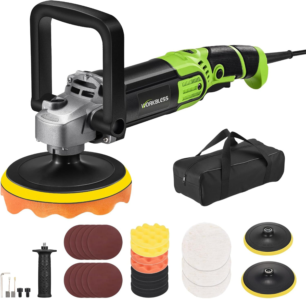 WorkBless Polijstmachine Bufferpolijstmachine, 1600 W, 15,2 cm / 17,8 cm roterende autopolijstmachine, met 7 snelheden (1600-3500 tpm), voor auto's