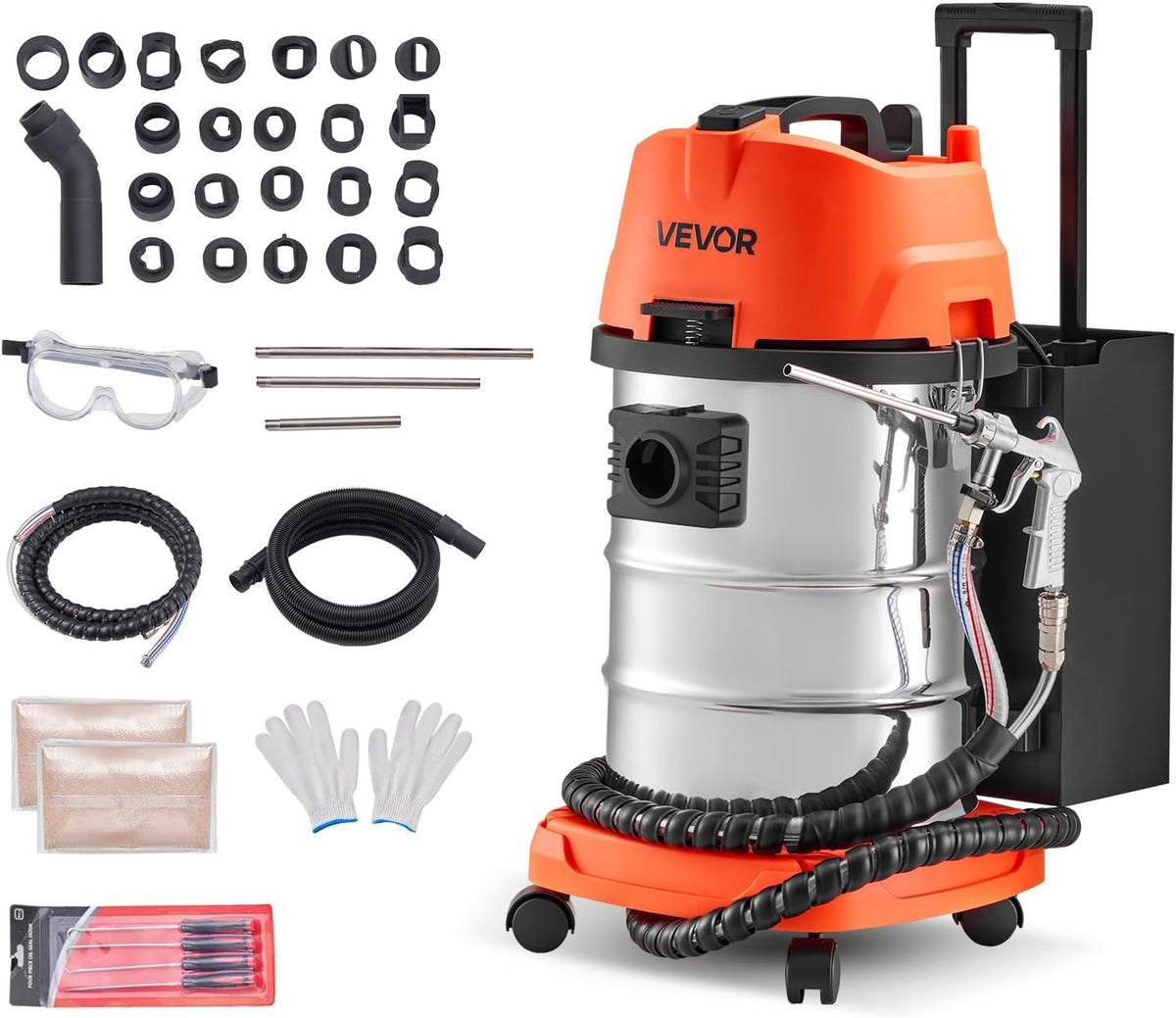 Vevor Zandstraler Machine, 30 liter en 1600 W, met 23 adapters, voor het reinigen van walnootzand, fysieke zandstraalmachine op wagen