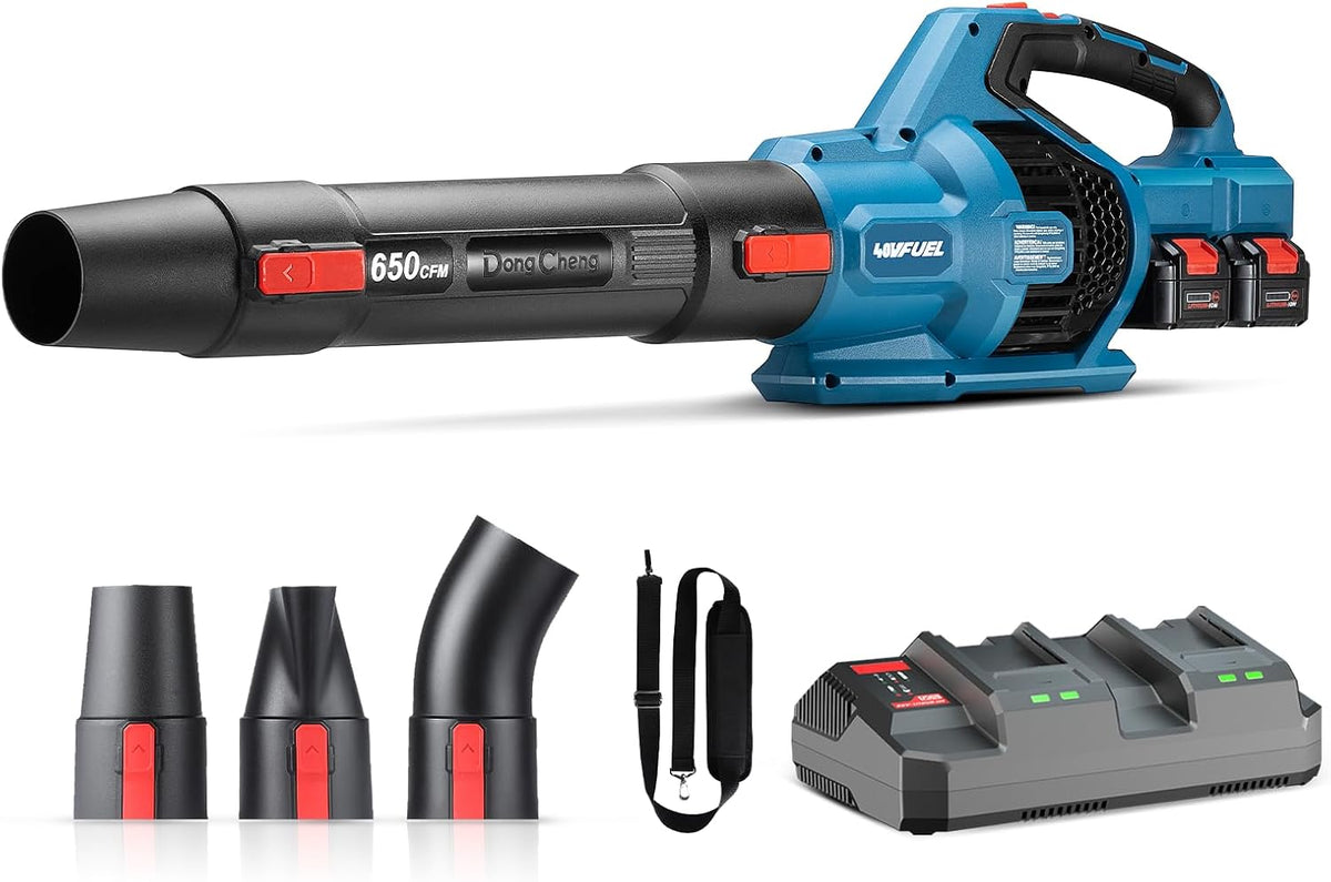 Dong Cheng Bladblazer Accu- 2 x 18 V turbinetechniek, 4 Ah accu en oplader, 3 sproeiers, voor bladeren en hardnekkig afval in de tuin, op wegen en