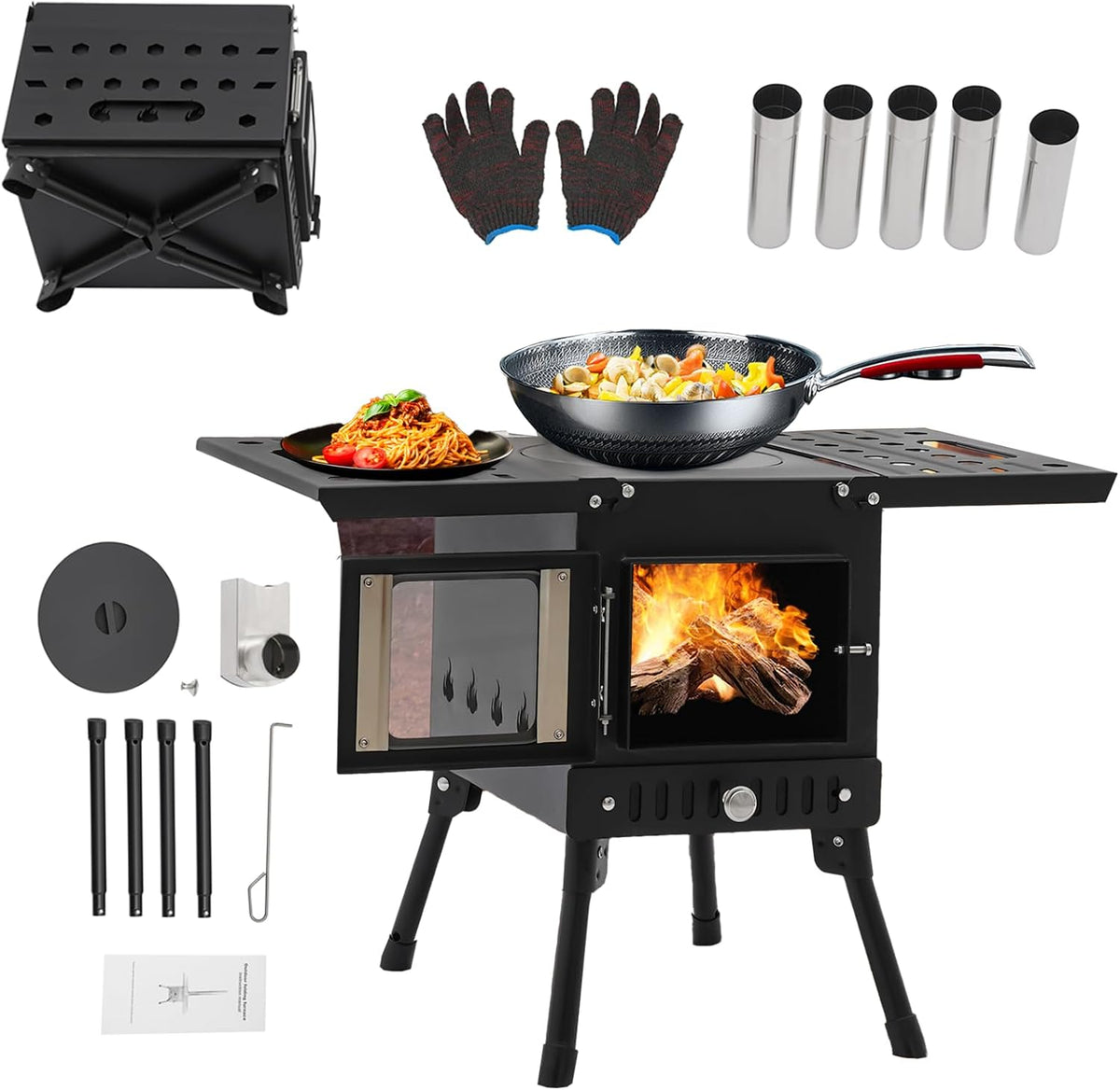 Fengly Elektrische kachel Inklapbare campinghoutkachel, 36-56 cm in hoogte, tentkachel, outdoor keukenoven, met schoorsteen, campinghaard, terrasoven