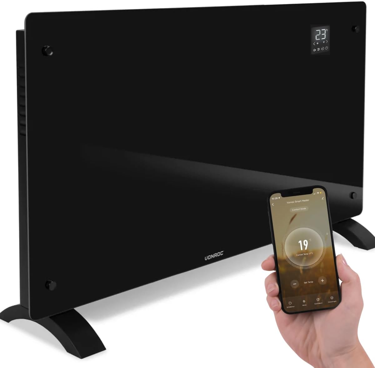 Vonroc Elektrische kachel Luxe, met glazen paneel – 1250W/2500W, Verwarmt ruimtes tot 30m2, met app (via Wifi) als handmatig, Zwart, Convectorkachel