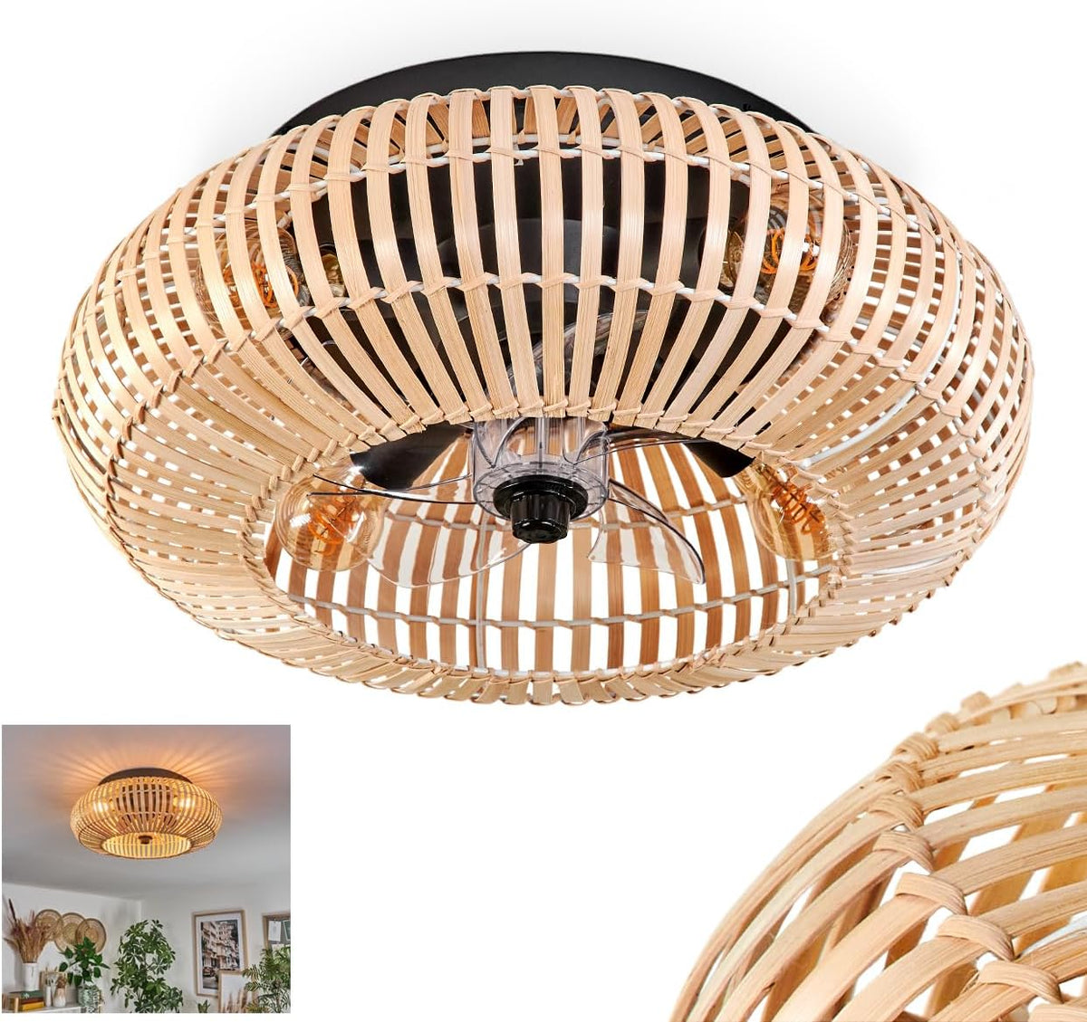 hofstein Ventilator Plafondventilator, Ø 50 cm, plafondlamp 4 lichtpunten, 4 x E27, met afstandsbediening, mulstrand
