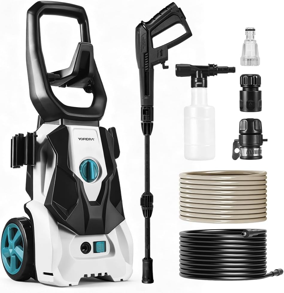 Hogedrukreiniger Yofidra, 100 bar druk, 1200 W, 5 m slang, met schuimkanon en waterpistool, voor auto's, huis en tuin, elektrische druk