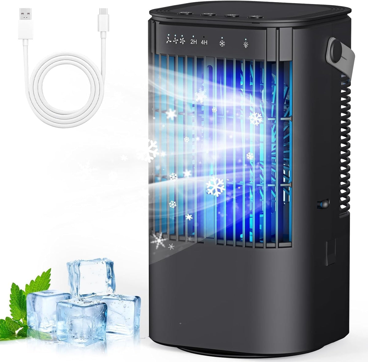 Mobiele airco Draagbare airconditioner, met watertank 1000 ml sfeerlicht 7 kleuren, 4-in-1 mini-luchtkoeler, met timer, kantoor (zwart), bureau, thuis