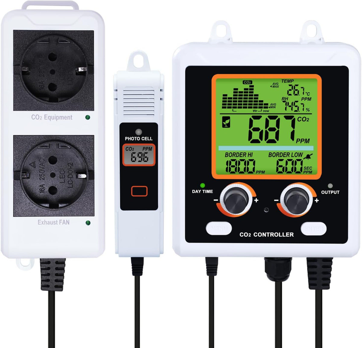 GAIN Express Luchtkwaliteitsmeter CO2 Controller Kooldioxide Controle CO2 Meter Dag en Nacht, met 15ft Afstandsbediening CO2 Sensor, voor Groei Ruimte