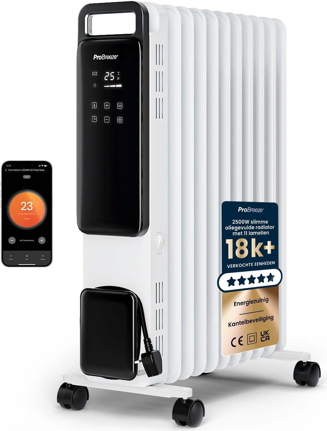 Pro Breeze Elektrische kachel OmniWarm, met Smart App 2500W, Fi Olieradiator 24-uurs Timer, 3 Modi, Wit, Verplaatsbaar en Krachtige Wi