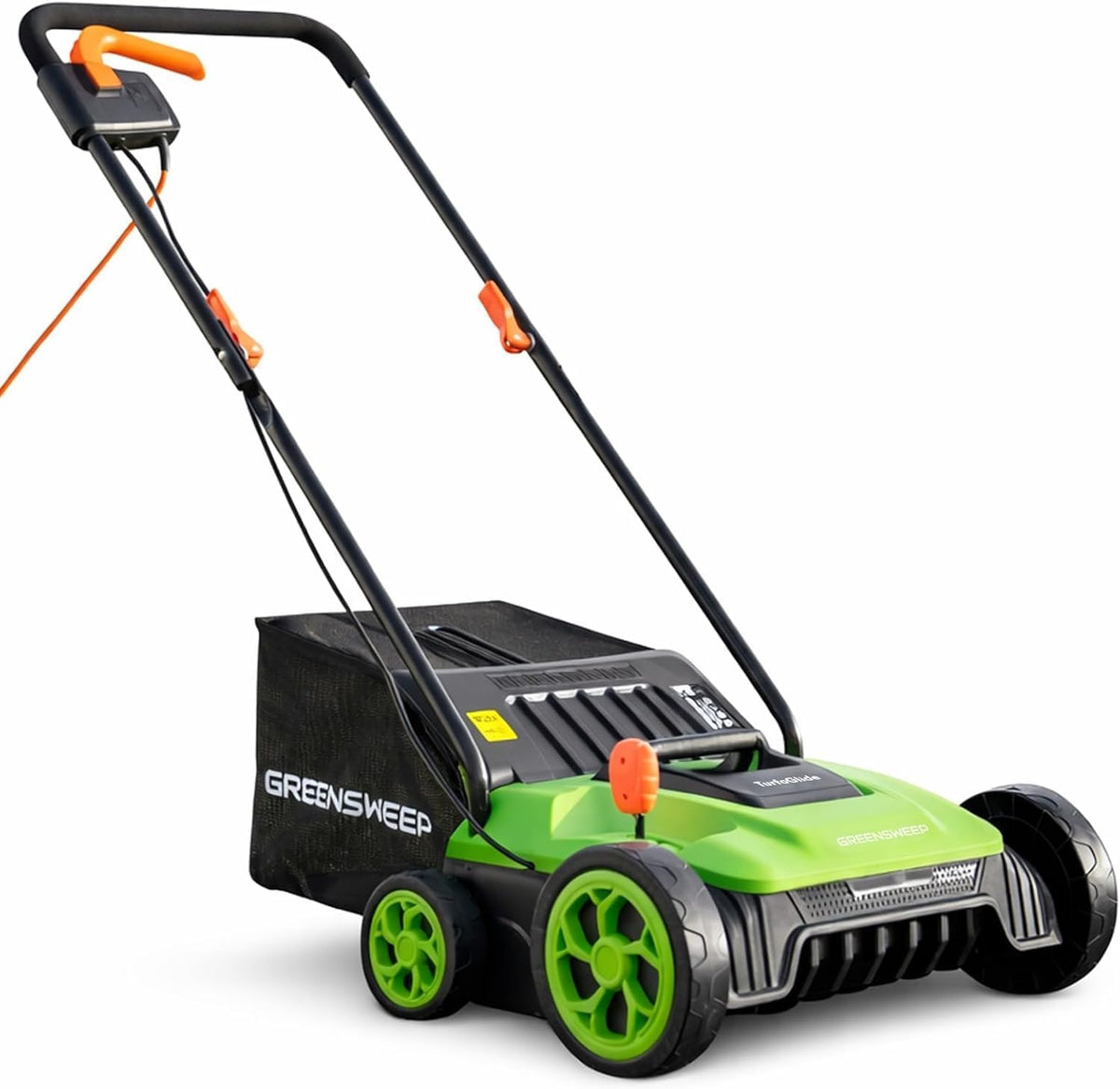 GreenSweep Harken V1 Elektrische veeg, opvangzak van 40 liter, 5-traps hoogteverstelling, hark- en zuigmachine, voor kunstgras, inklapbare handgreep
