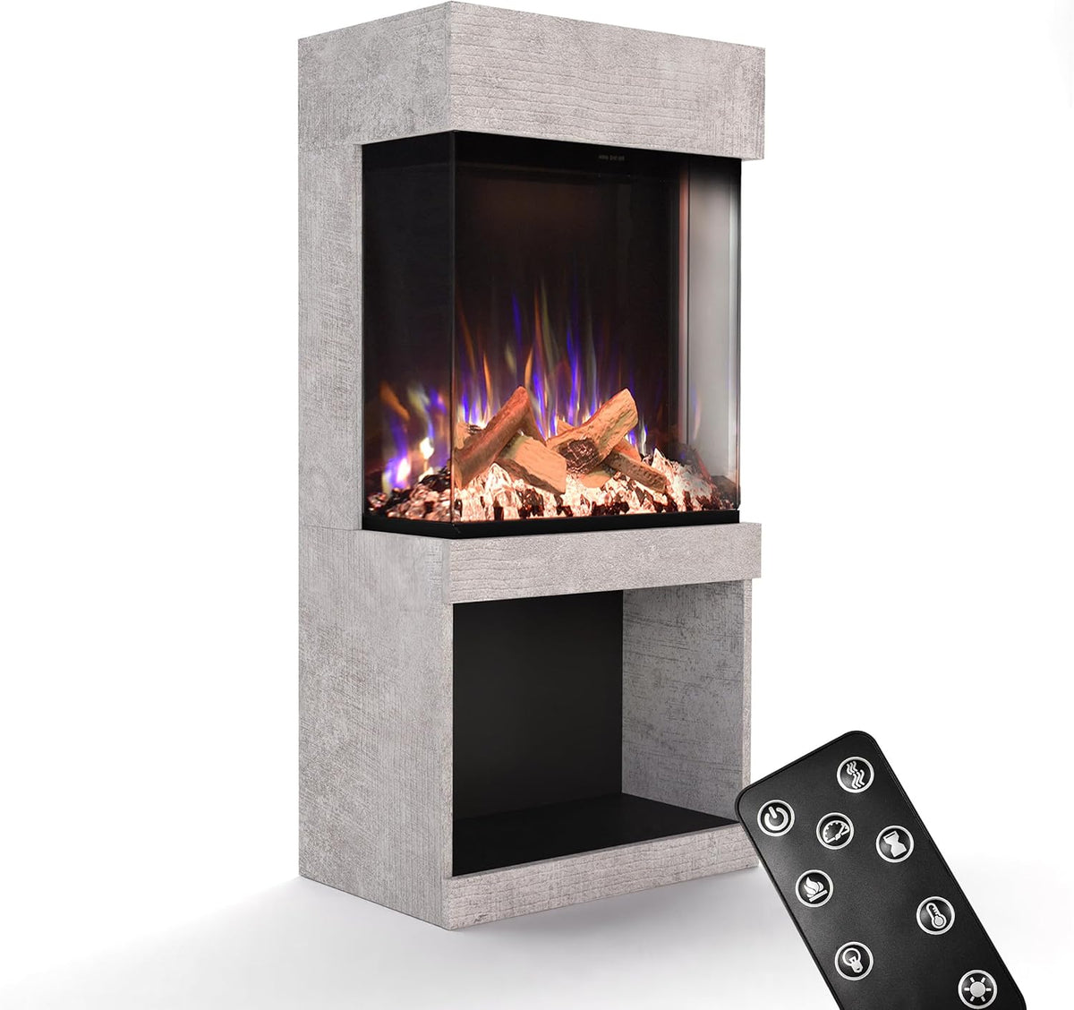GLOW FIRE Elektrische kachel PR12, max. 1500 W, met realistische 3D E, 61,5x130x40cm, timer, Motion LED-vuur, Staande elektrische kachel, Beton