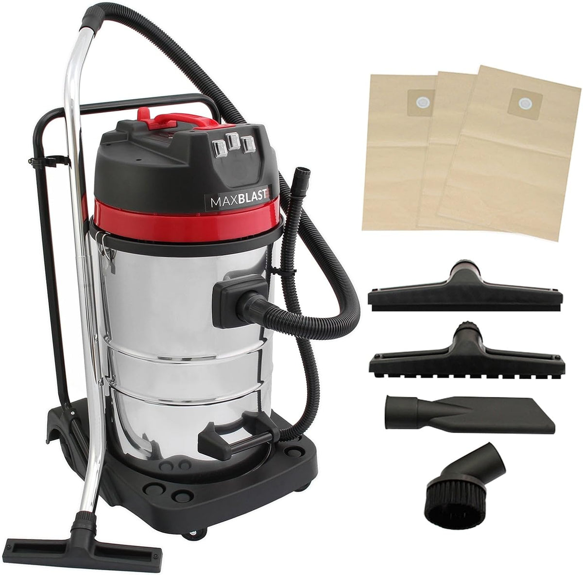 Maxblast Nat- en droogzuiger Industriële Stofzuiger 80L Nat&Droog 3000W Drievoudige, 4 Accessoires, 9m Snoer, 1.5m Slang, 3 Gratis Stofzakken, Ideaal