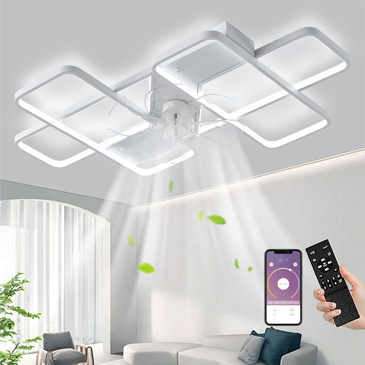 Ventilator MiiR Plafondventilator, Voor Woonkamer Slaapkamer Keukenlamp Wit 90cm, LED 85W Plafondventilator, Met Afstandsbediening Stille Lamp
