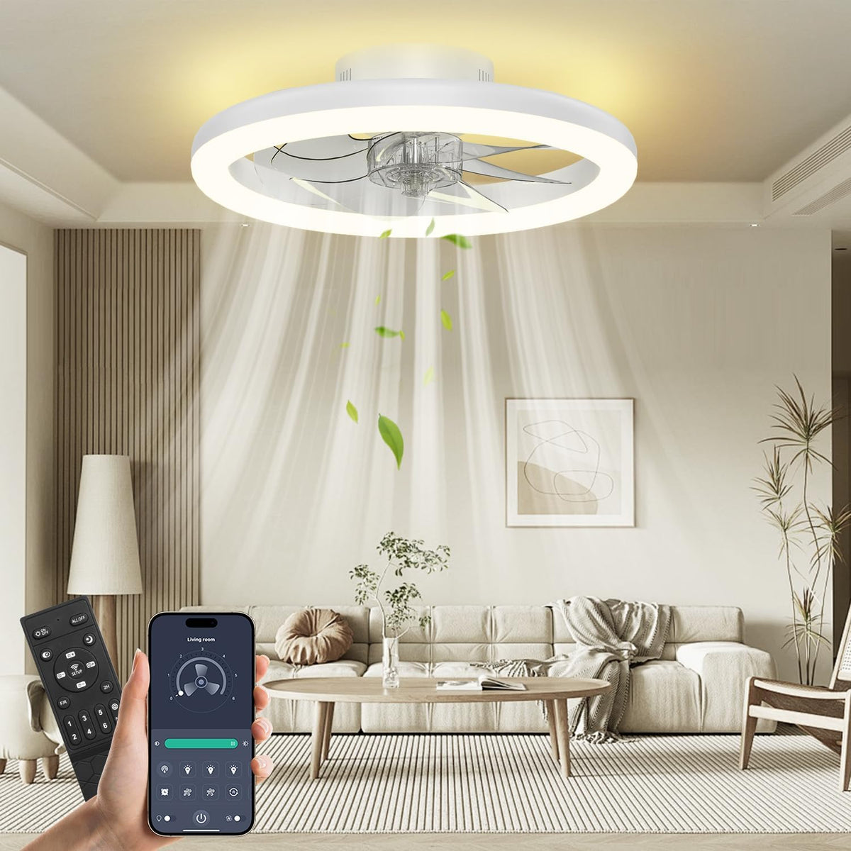 Nalezuns Ventilator Plafondventilator, 40 cm led-dimbare plafondverlichting, 6 standen, app en afstandsbediening, timer, wit, met verlichting, stil