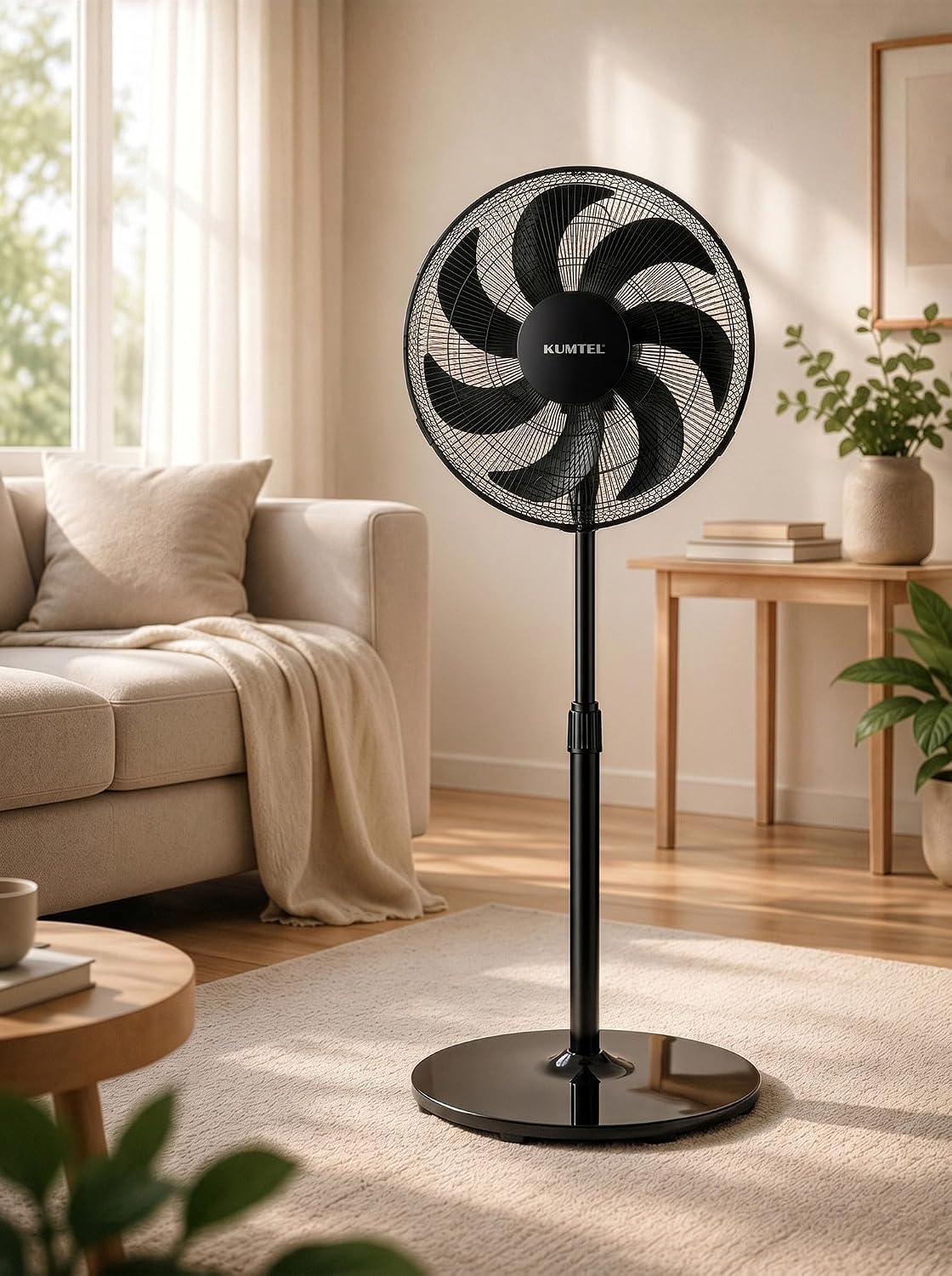 Opviq Ventilator Kumtel Krachtige zwarte, 50 W, 130 cm in hoogte verstelbaar, 7 vleugels, 3 snelheden, geluidsarm, efficiënte koperen motor