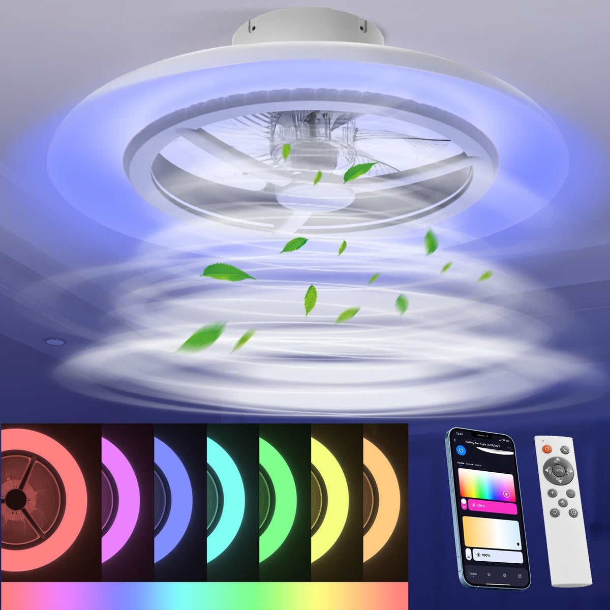 BKZO Ventilator Smart led-plafondlamp, 3000-5500 K, zonder lampenkap, met ventilator, plafondventilatorlampen, windsnelheden instelbaar, dimbaar licht