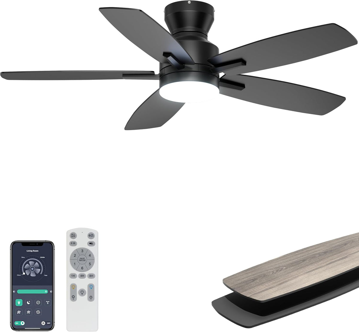 Ventilator Ohniyou plafondventilator, 106 cm plafondventilator, met afstandsbediening/app-bediening, zwart, met verlichting, voor slaapkamer en keuken