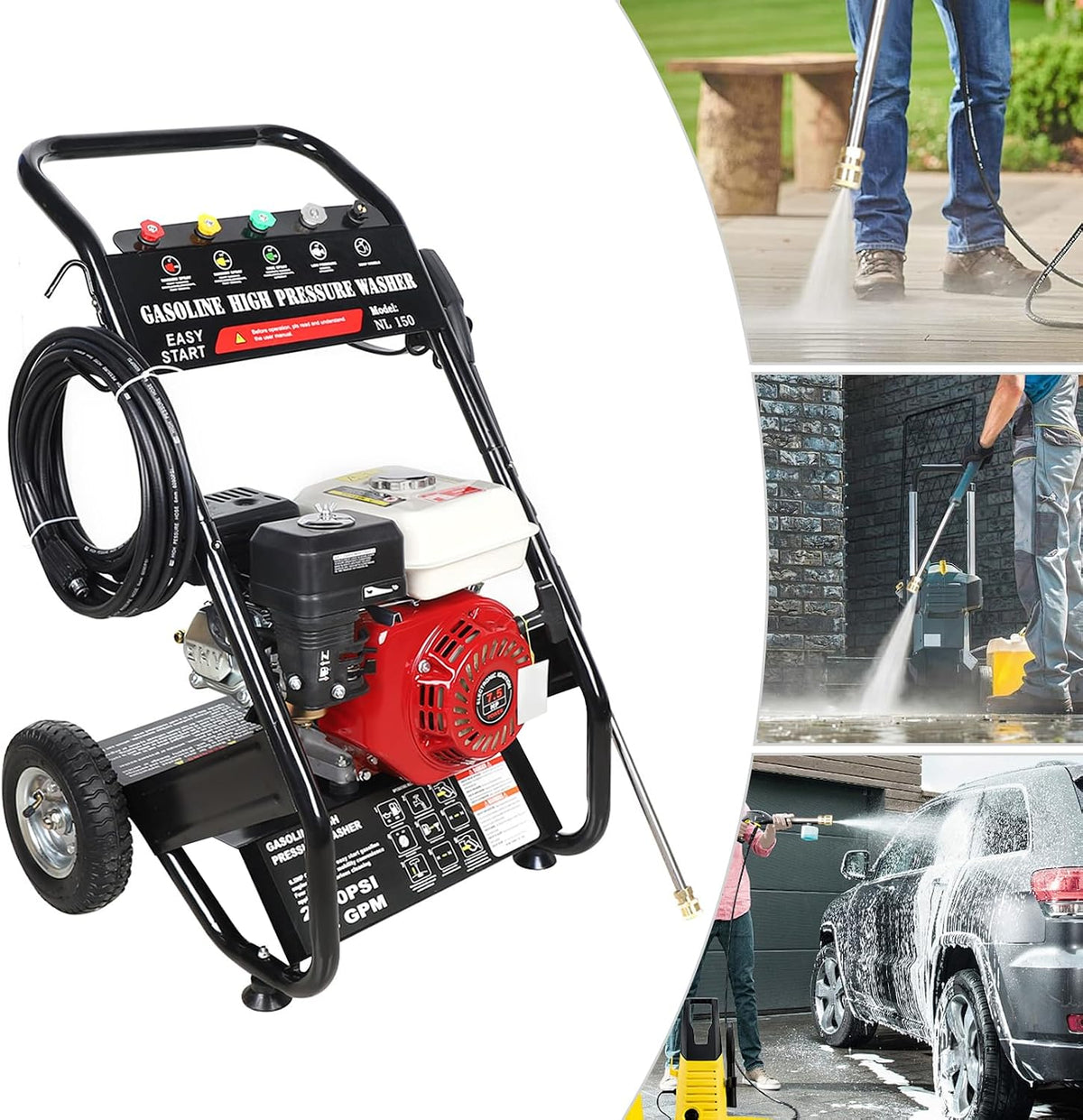 ieLsngai Hogedrukreiniger Benzine-, terrassen van 170 tot 190 bar, 3400 rpm, motor 7,5 pk, 8 m slang, voor benzinemotoren, planten